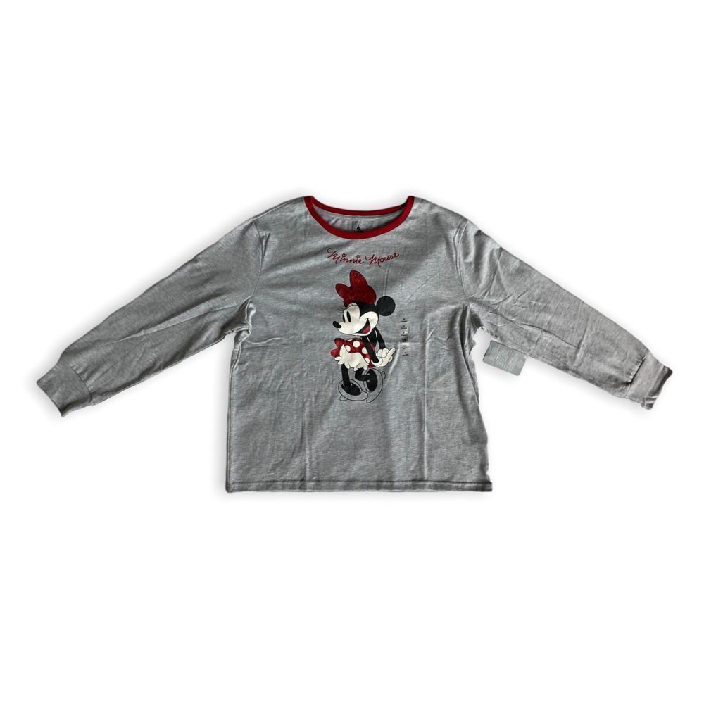 NWT Disney Minnie Mouse Grey Glitter Red Polka Dot Long Sleeve T-Shirt M